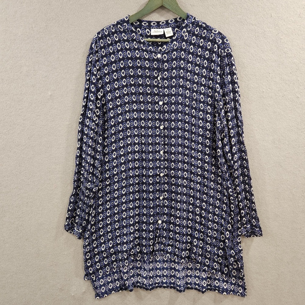 Vermont Country Store Long Sleeve Tunic 1X Button‎ Up Blouse 3/4 Sleeve Blue